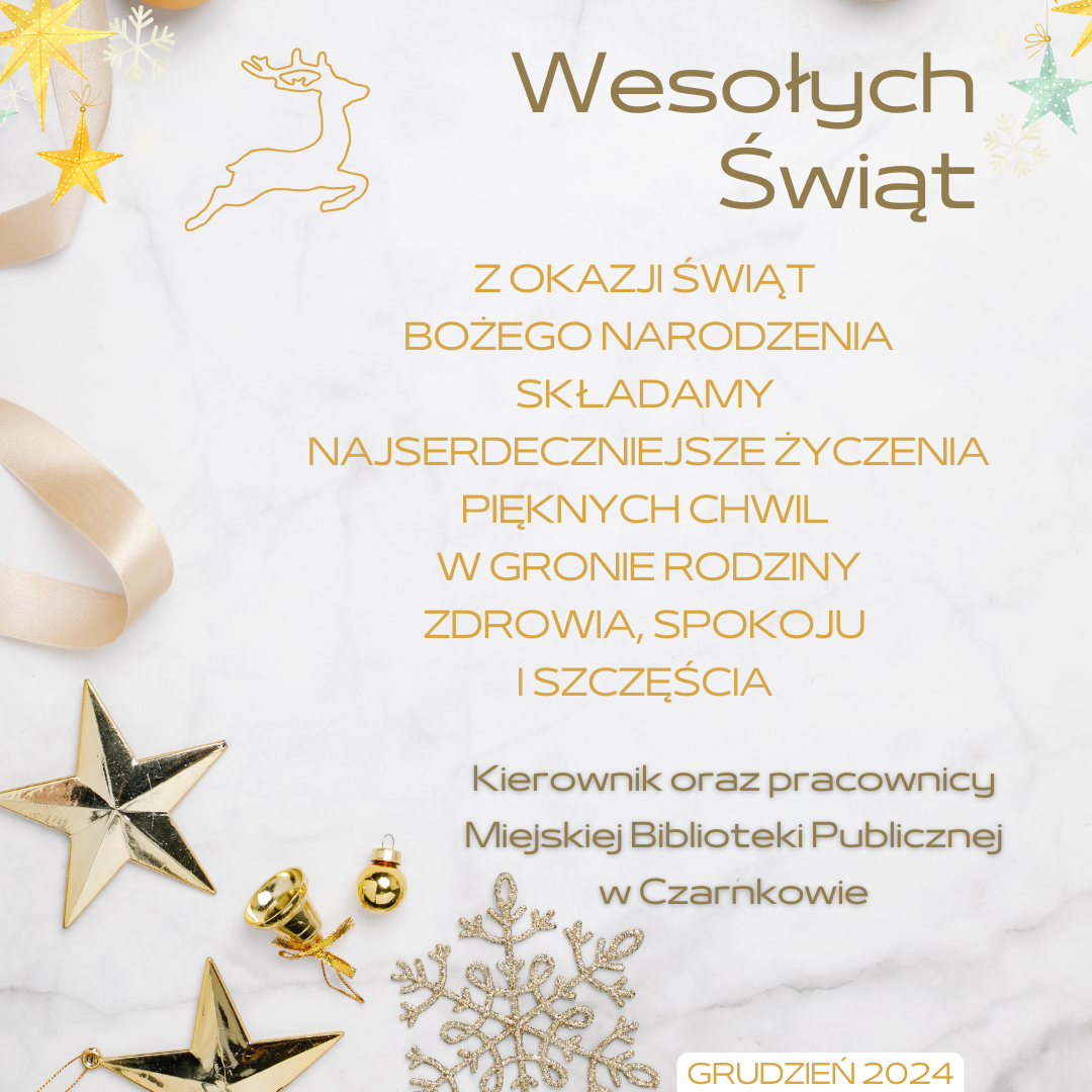 Kartka dekoracyjna z&nbsp;gwiadkam, śnieżynkami i&nbsp;reniferem, na&nbsp;kt&oacute;rej znajdują się życzenia z&nbsp;okazji nadchodzących świąt Bożego Narodzenia.