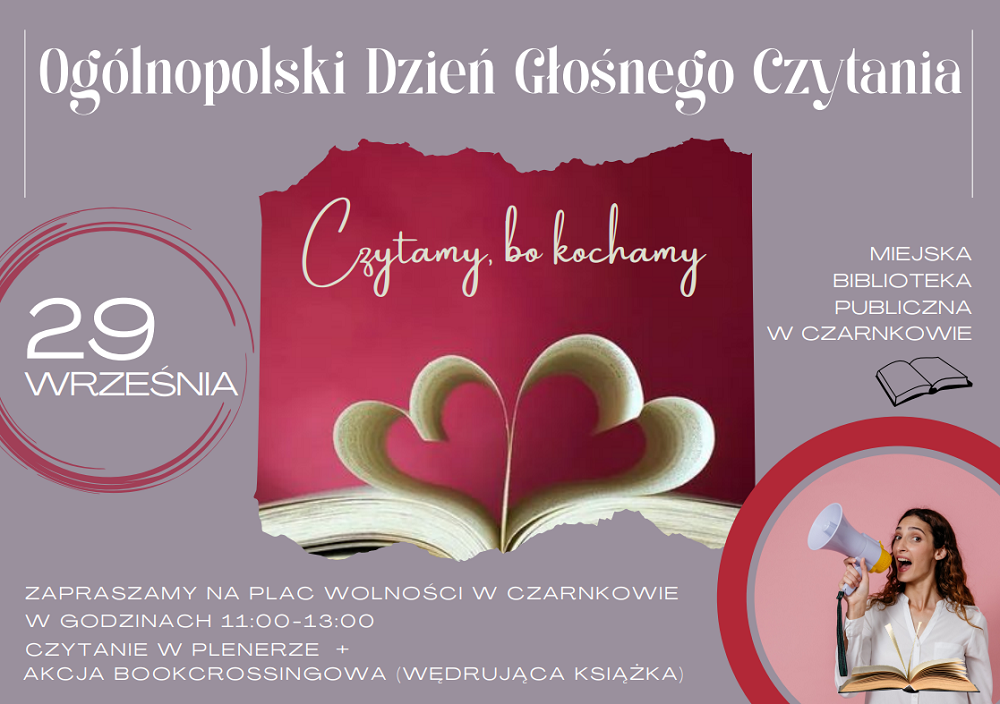 W centrum fioletowego tła otwarta książka z&nbsp;kartkami wywiniętymi w&nbsp;kształt dwóch serc, w&nbsp;dolnym rogu kobieta z&nbsp;megafonem przy ustach
