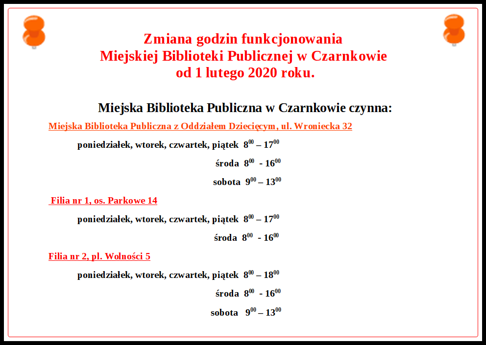 Informacja - Zmiana godzin funkcjonowanie Miejskiej Biblioteki Publicznej w Czarnkowie