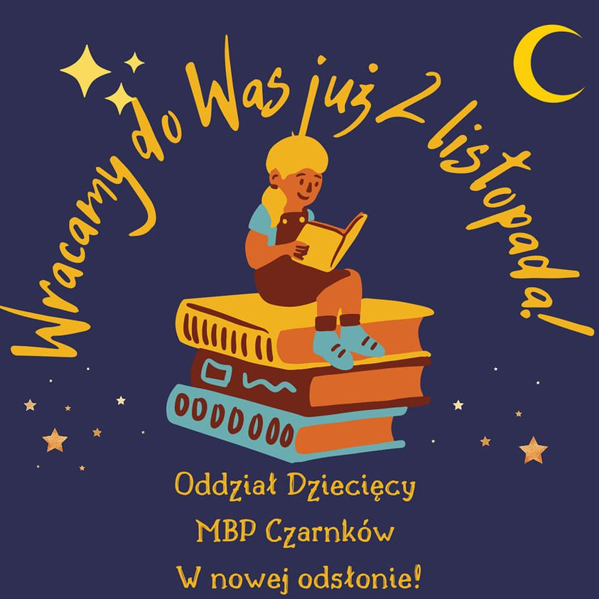 na tle gwieździstego nieba i&nbsp;księżyca siedząca na&nbsp;stosie trzech książek, dziewczynka trzymająca bajkę