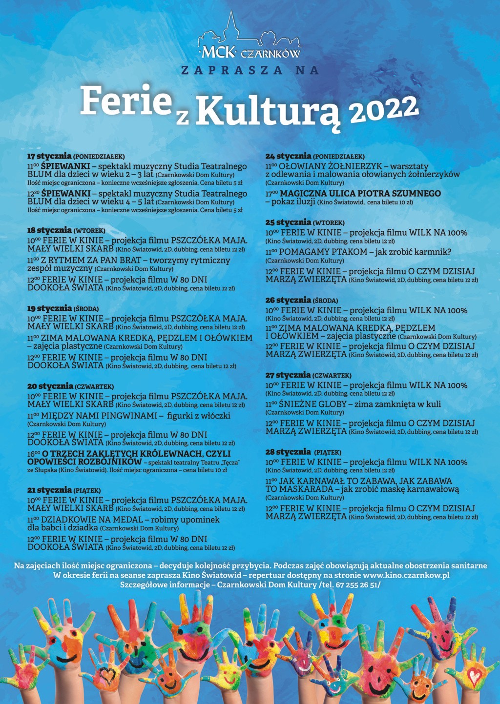 Ferie z kulturą 2022 - plakat zawiera plan zajęć które odbędą się podczas ferii w Miejskim Centrum Kultury