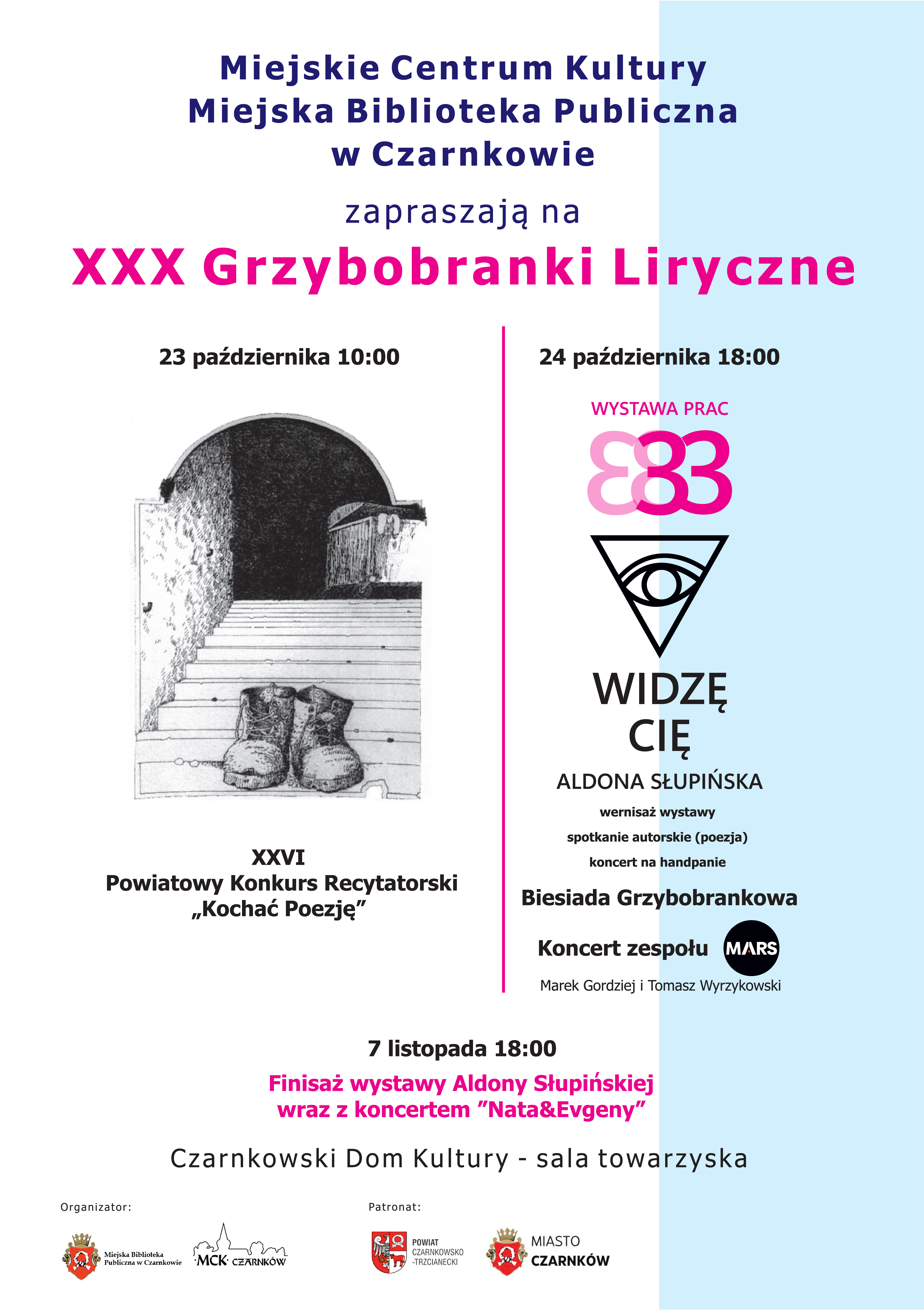 Plakat przedstawia szczeg&oacute;ły dotyczące trzydziestych grzybobranek lirycznych 