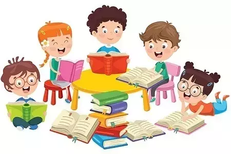 Ilustracja przedstawiająca dzieci oglądające książki