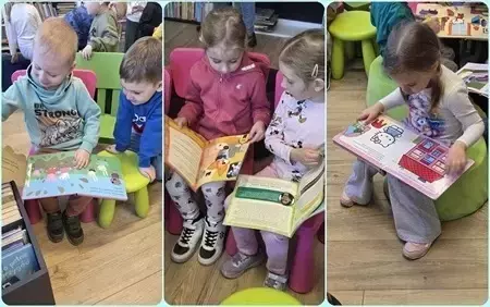 Zdjęcia przedstawiające dzieci przedszkolne podczas wielkanocnych spotkań w bibliotece.