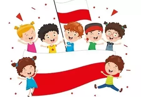 Ilustracja przedstawiająca dzieci na tle biało-czerwonej flagi Polski