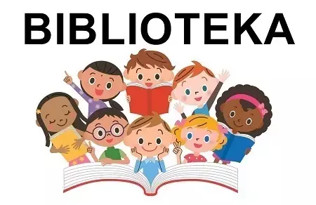 Grafika przedstawiająca postacie dzieci pochylone nad książką na białym tle z czarnym napisem biblioteka