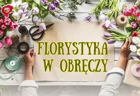 Ilustracja przedstawiająca kwiaty położone na stole oraz zielony napis florystyka w obręczy