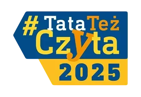 Niebiesko-żółte logo z napisem tata też czyta 2025