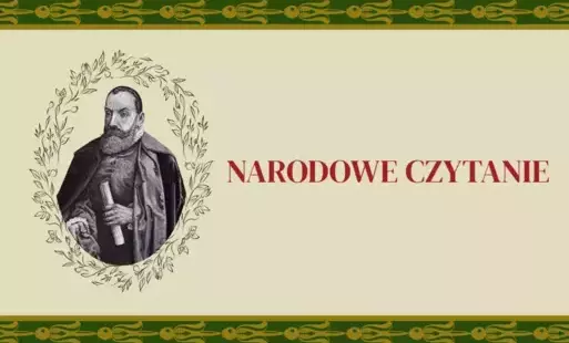 Portret Jana Kochanowskiego oraz napis "Narodowe czytanie" w czerwonym kolorze