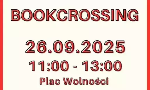 Czerwony napis Bookcrossing oraz data i godzina 26.09.2025 11:00-13.00 na jasnym tle